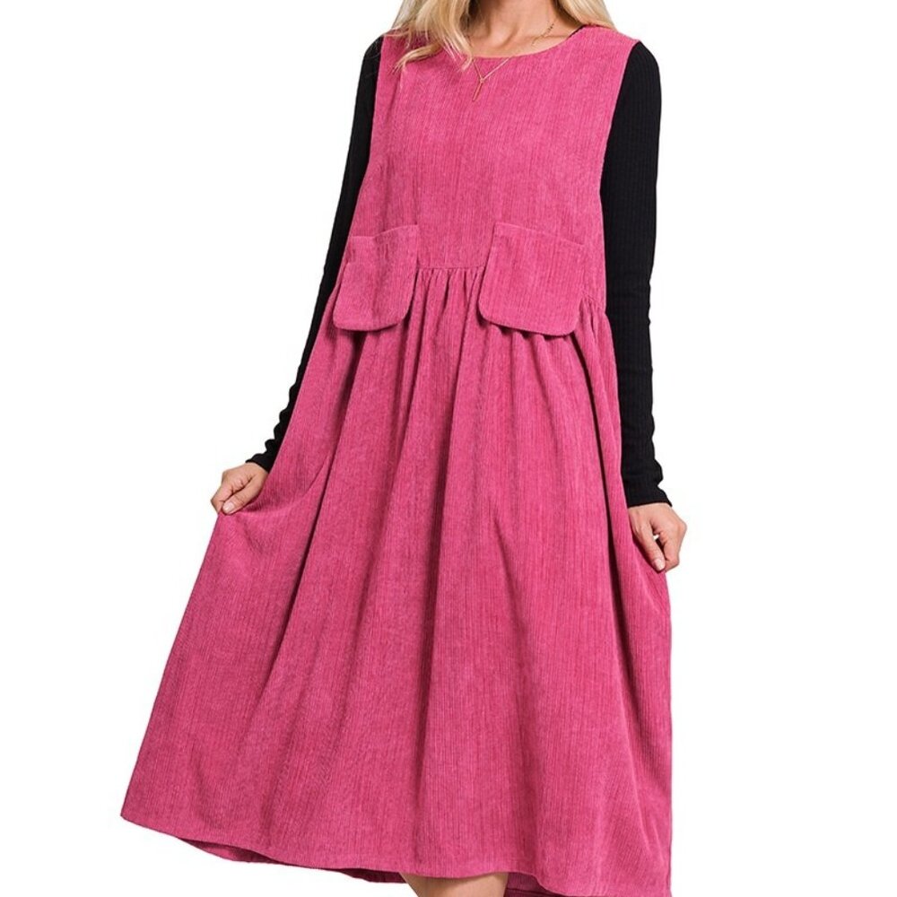 ZENANA Premium Magenta XL Corduroy Overall Popover Jumper Midi Pockets Dress